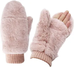 JUMISEE Women Winter Faux Fur Flip Cover Mittens Warm Soft Half Finger Fingerless Gloves