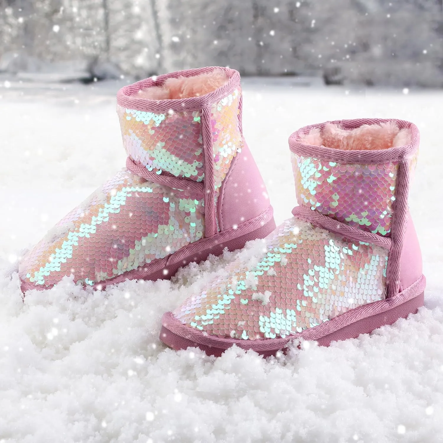 K KomForme Girls Winter Boots Sparkle Sequins Warm Snow Shoes Fur Lined Lightweight Comfy (Toddler/Little Kids/Big Kids)