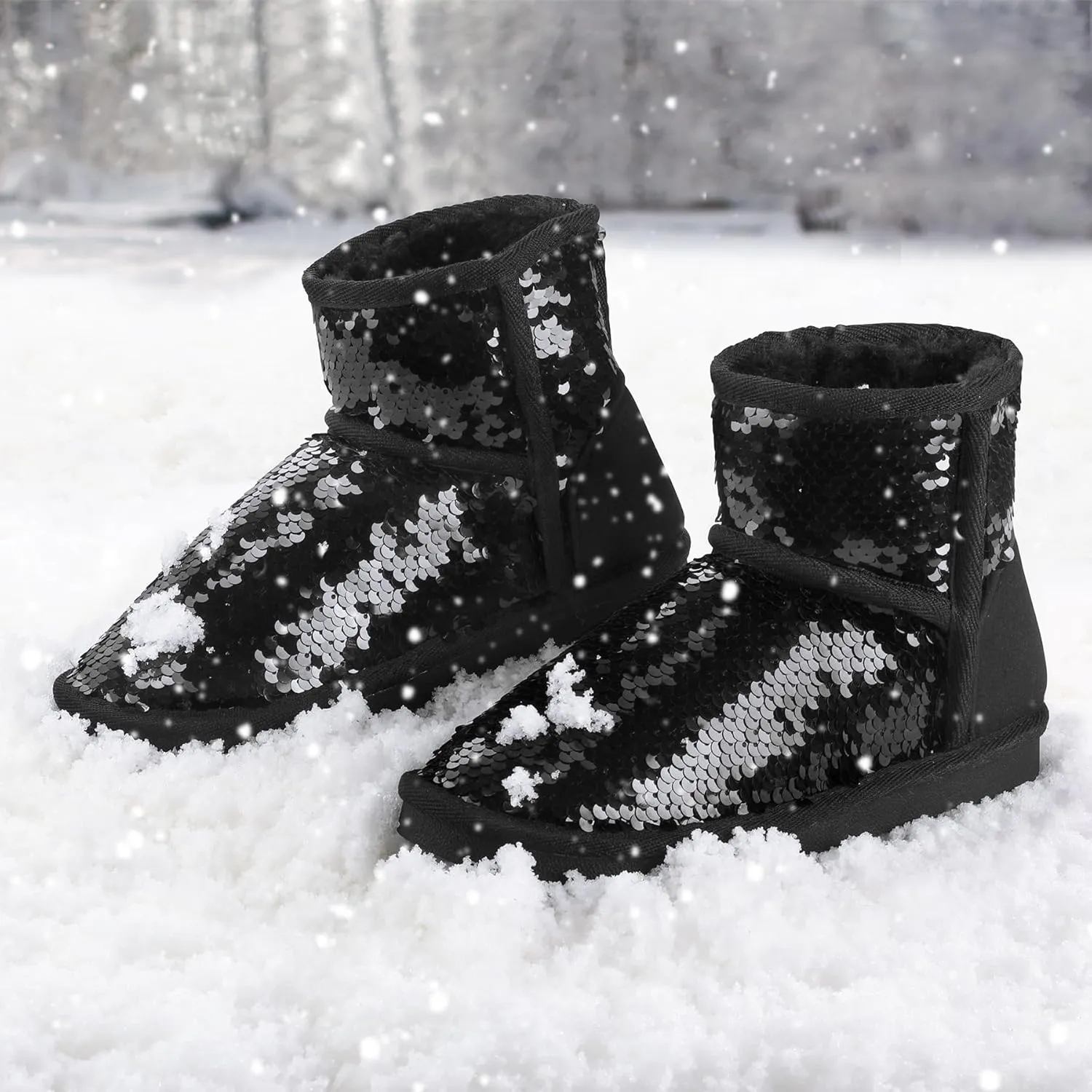 K KomForme Girls Winter Boots Sparkle Sequins Warm Snow Shoes Fur Lined Lightweight Comfy (Toddler/Little Kids/Big Kids)