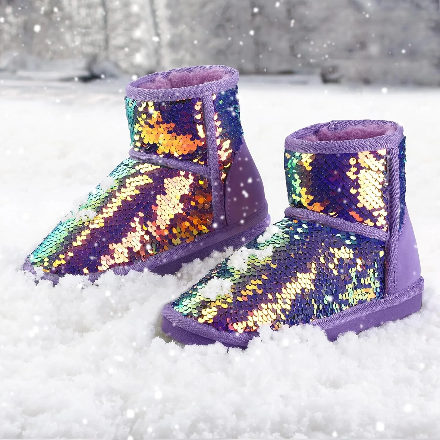 K KomForme Girls Winter Boots Sparkle Sequins Warm Snow Shoes Fur Lined Lightweight Comfy (Toddler/Little Kids/Big Kids)