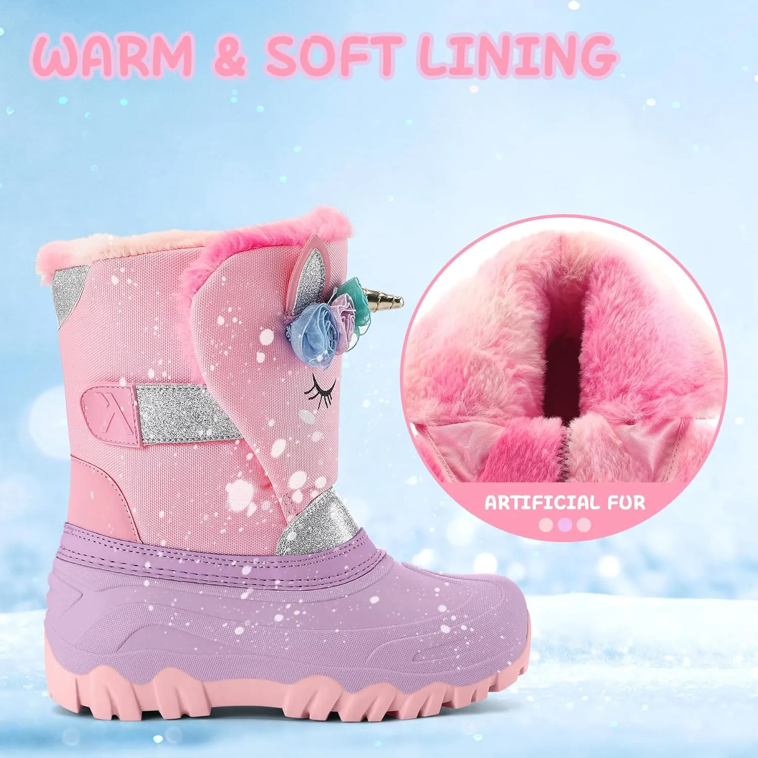K KomForme Waterproof Girls Snow Boots with Faux Fur Lining, Warm Winter Shoes for Kids (Toddler/Little Kid/Big Kid)