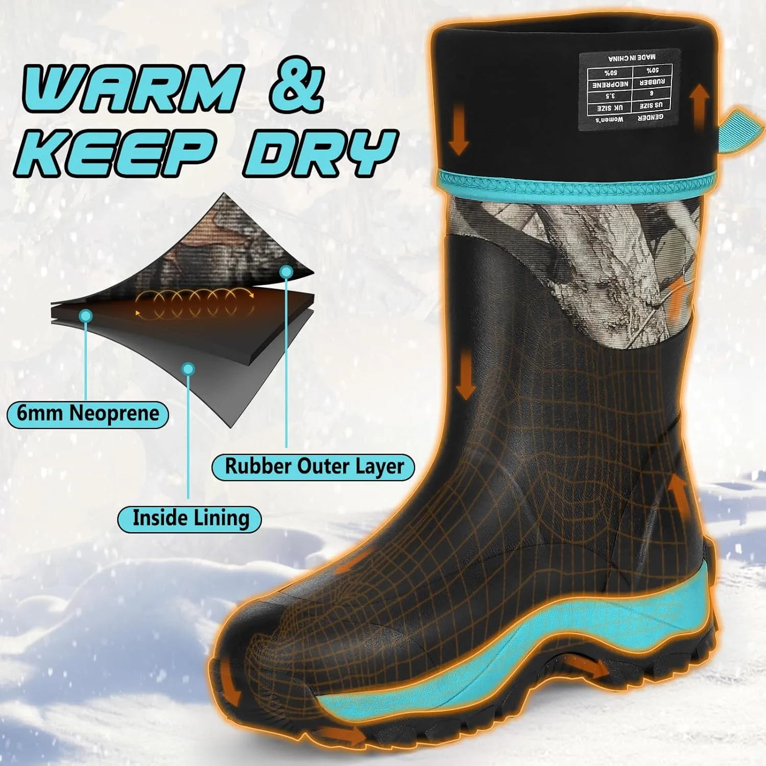 Kalkal Rubber Boots for Women, Insulated Waterproof Womens Hunting Boots, 6mm Neoprene Camo Hunting Boot Tall Rain Boots for Women Mud Working Gardening Farming