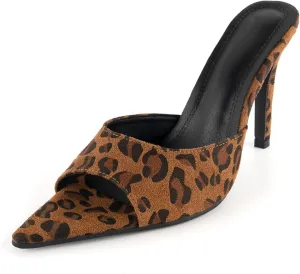 KaroNairy Leopard Print Stilettos Heels for Women Open Toe Heeled Sandals Slip on Pumps Party Wedding Dressy Shoes
