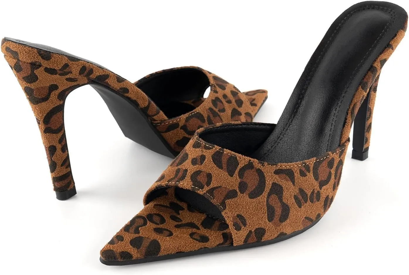 KaroNairy Leopard Print Stilettos Heels for Women Open Toe Heeled Sandals Slip on Pumps Party Wedding Dressy Shoes