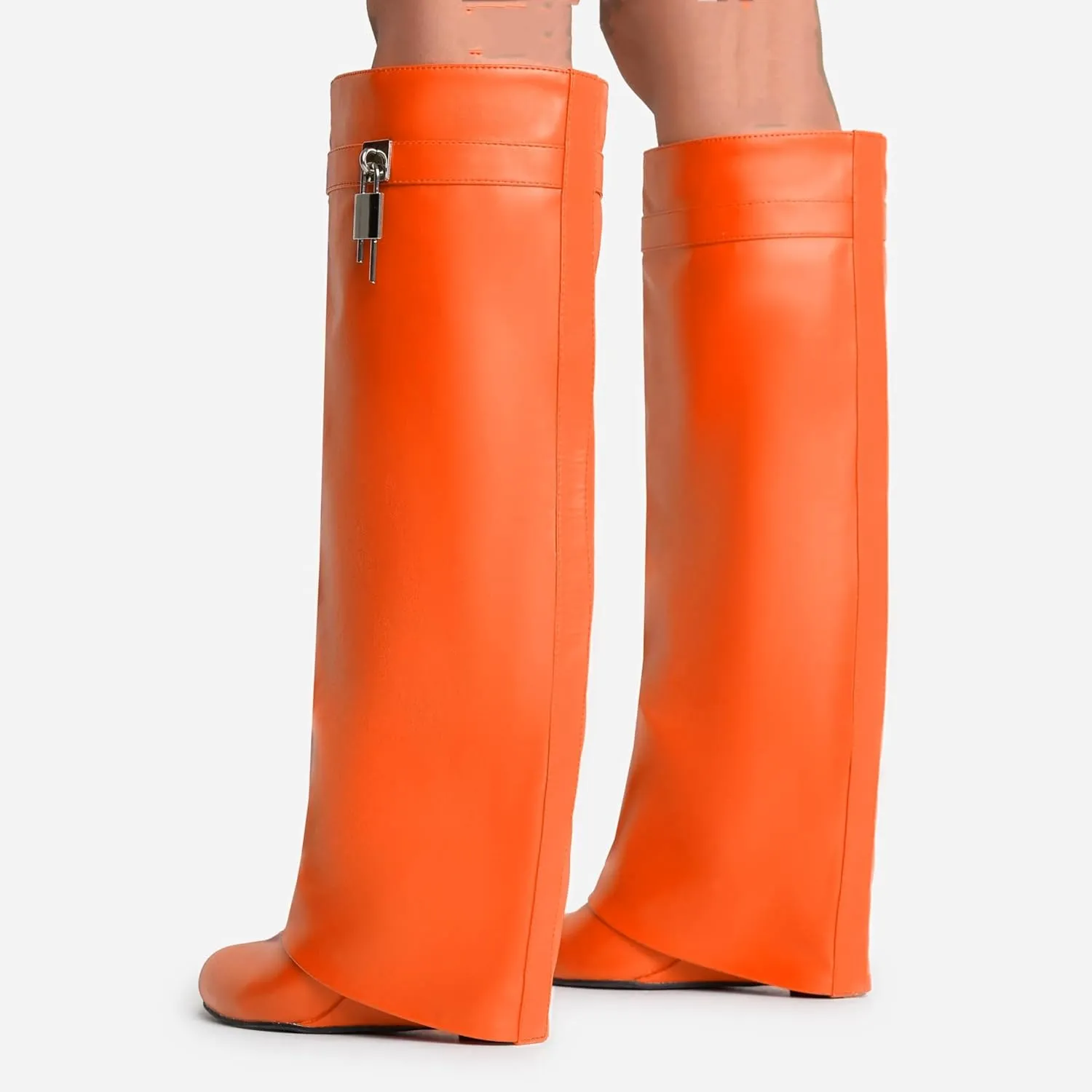 keleimusi Fold Over Wedge Boots Heeled PadLock Pant Knee High Shoes Tall/Short Booties in Black