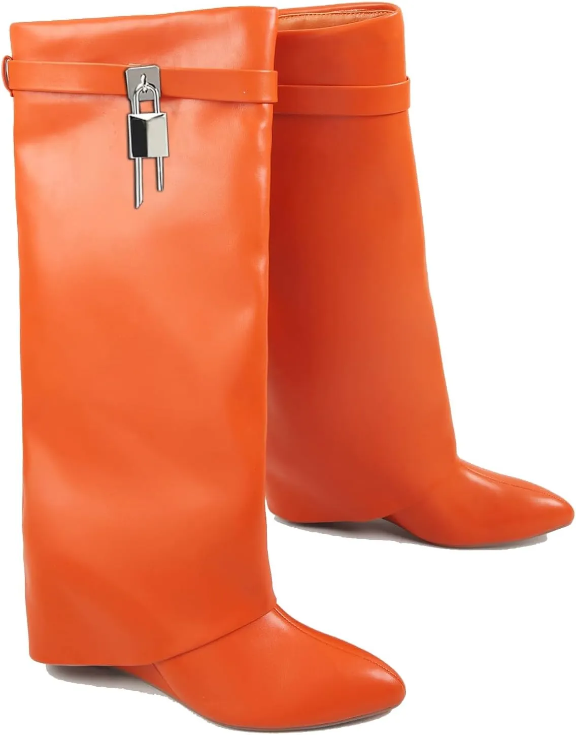 keleimusi Fold Over Wedge Boots Heeled PadLock Pant Knee High Shoes Tall/Short Booties in Black