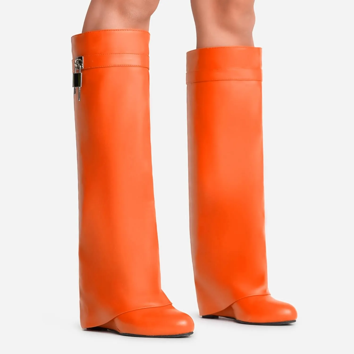 keleimusi Fold Over Wedge Boots Heeled PadLock Pant Knee High Shoes Tall/Short Booties in Black