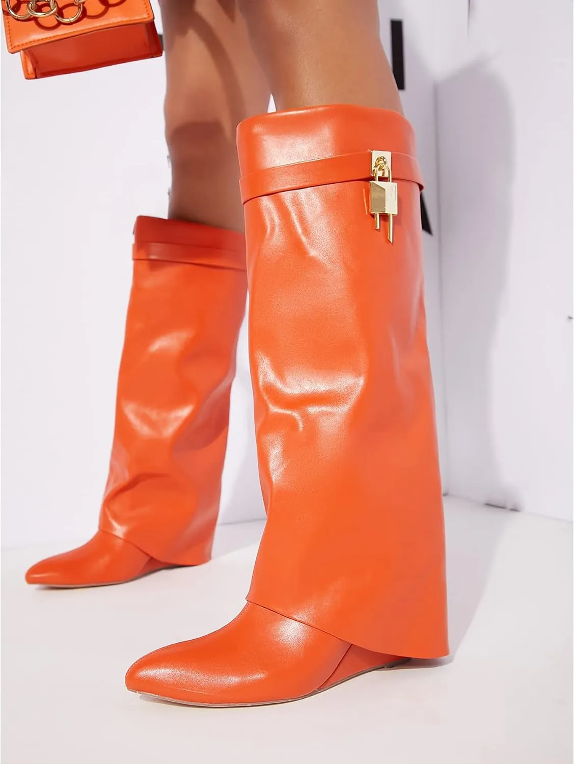 keleimusi Fold Over Wedge Boots Heeled PadLock Pant Knee High Shoes Tall/Short Booties in Black