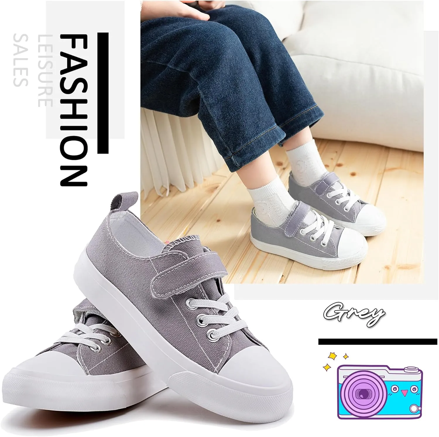 Kids Canvas Sneakers for Boys Girls Lace-up Canvas Shoes Low Top Toddler Walking Shoes Casual Lightweight Adjustable Strap Big Kid Running Sneakers