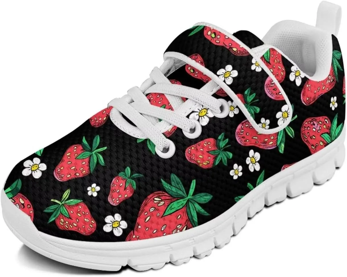 Kids Sneakers for Boys Girls Running Tennis Shoes Lightweight Breathable Sport Athletic Red Strawberry Floral Pattern