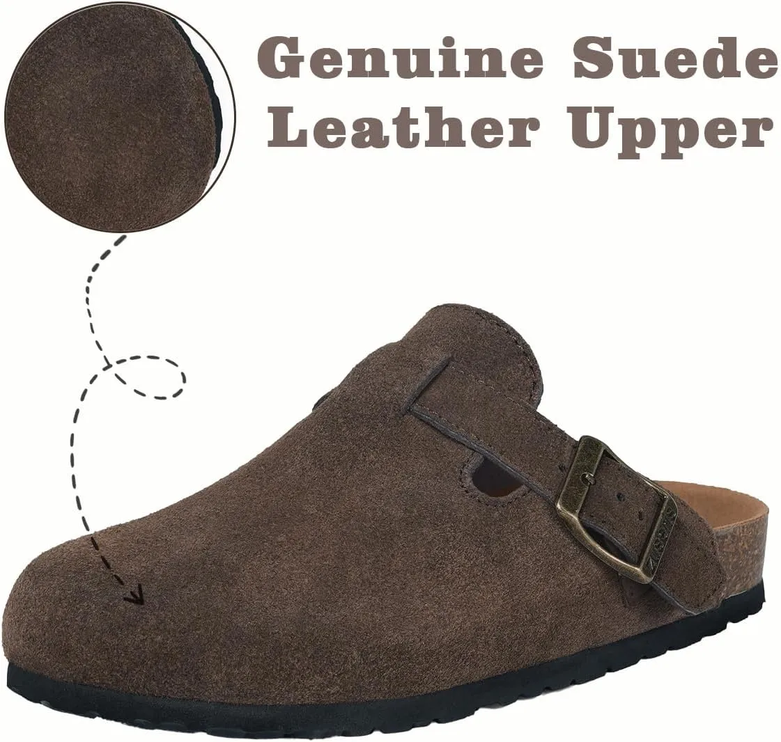 Kids Suede Clogs Boys Girls Cork Footbed Potato Shoes Classic Slip On Leather Mules Children Indoor Outdoor Sandals with Adjustable Buckle