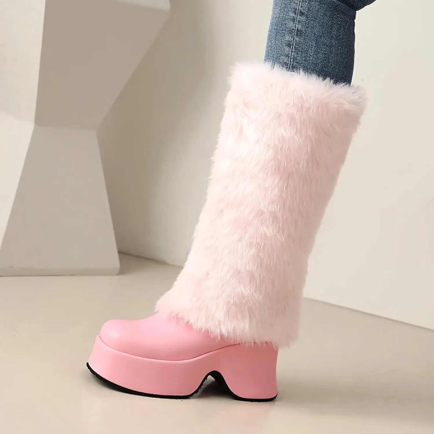 KISSASA Mid Calf Fluffy Furry Boots Warm Platform Chunky High Heel Pull On Boots Fashion Winter Boots