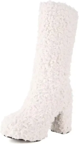 KISSASA Mid Calf Fluffy Furry Boots Warm Platform Chunky High Heel Pull On Boots Fashion Winter Boots