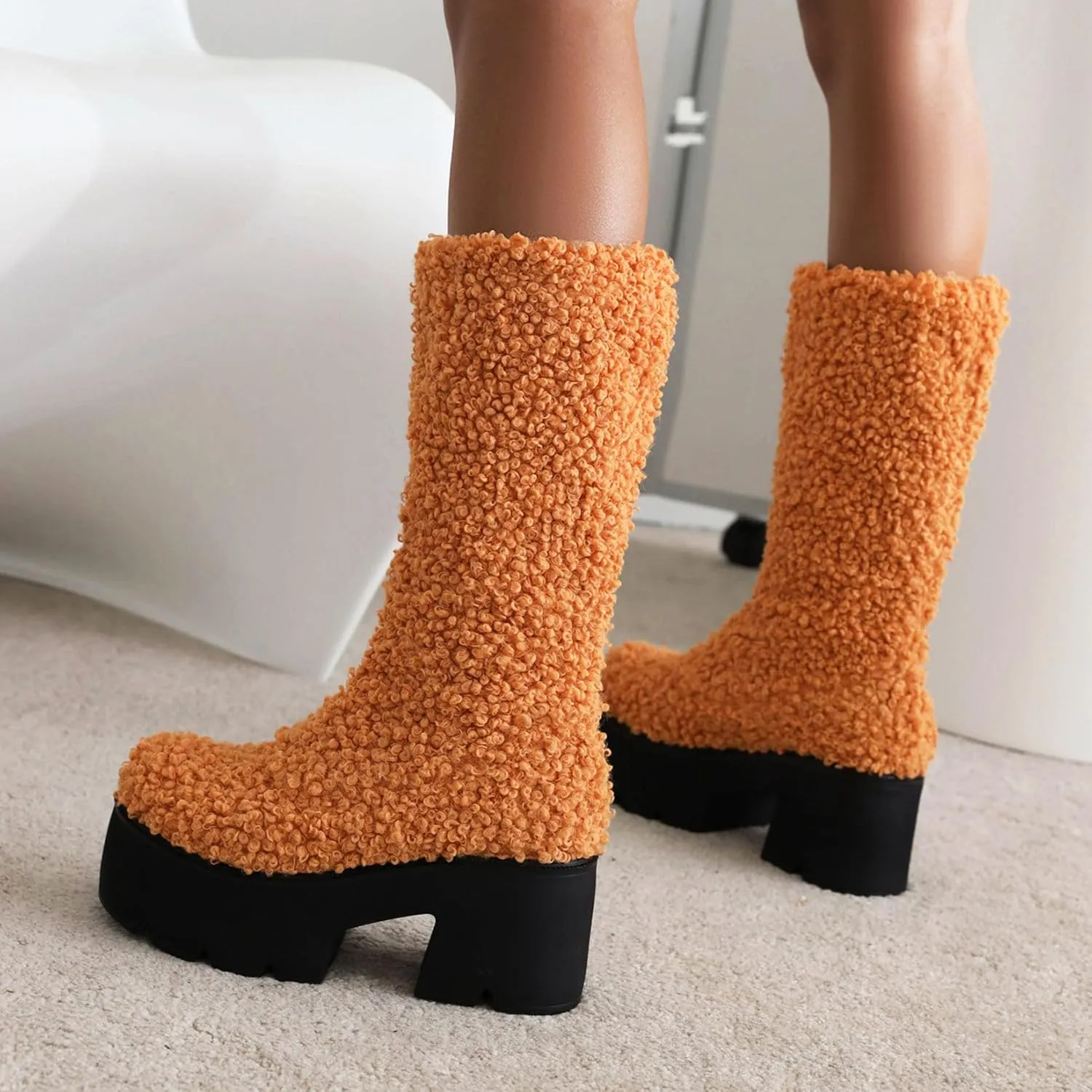 KISSASA Mid Calf Fluffy Furry Boots Warm Platform Chunky High Heel Pull On Boots Fashion Winter Boots