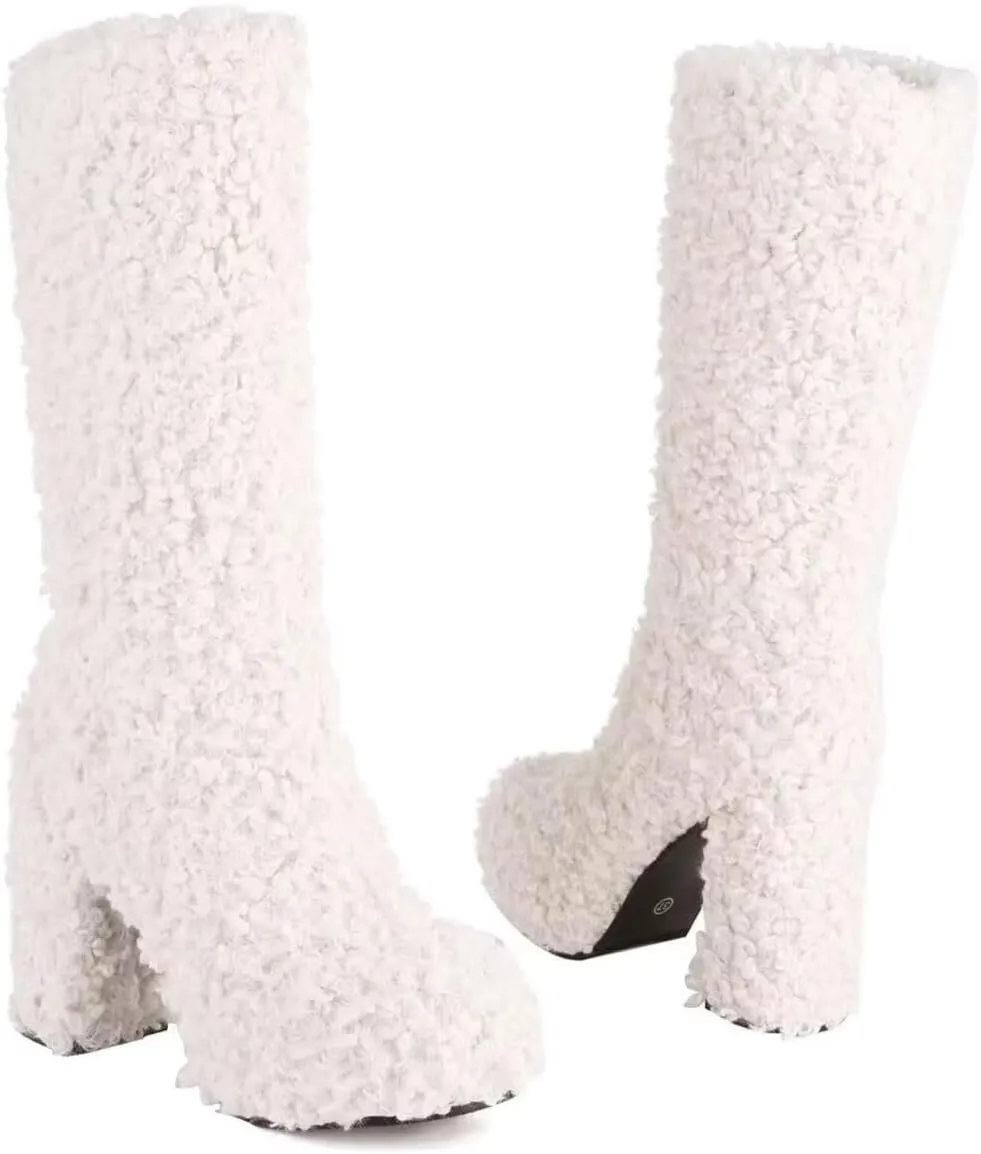 KISSASA Mid Calf Fluffy Furry Boots Warm Platform Chunky High Heel Pull On Boots Fashion Winter Boots