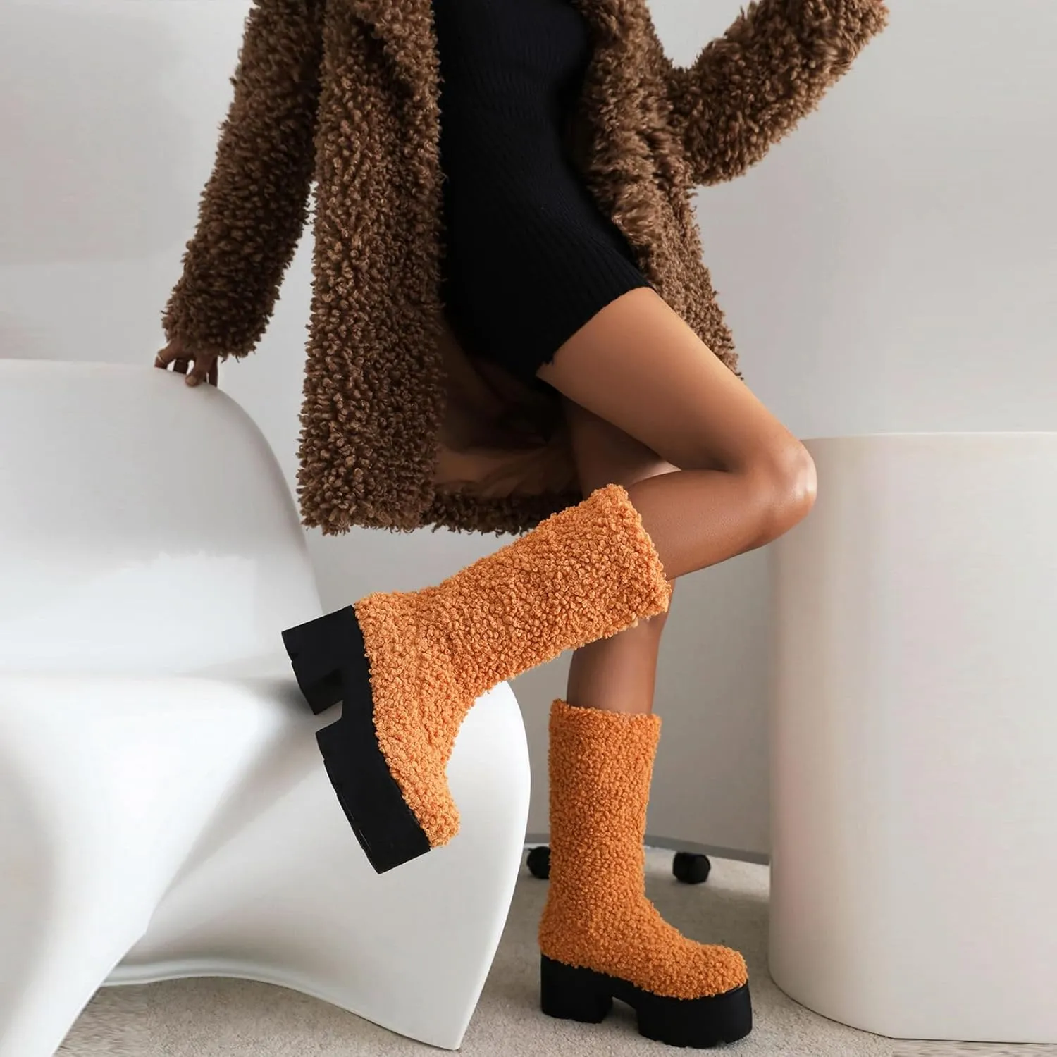 KISSASA Mid Calf Fluffy Furry Boots Warm Platform Chunky High Heel Pull On Boots Fashion Winter Boots