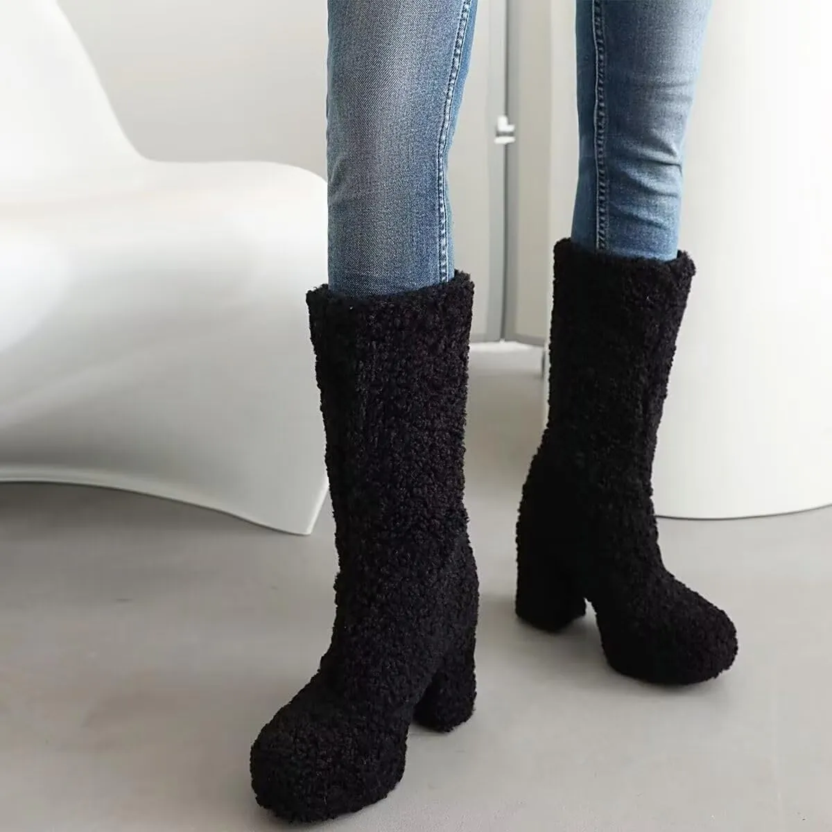 KISSASA Mid Calf Fluffy Furry Boots Warm Platform Chunky High Heel Pull On Boots Fashion Winter Boots
