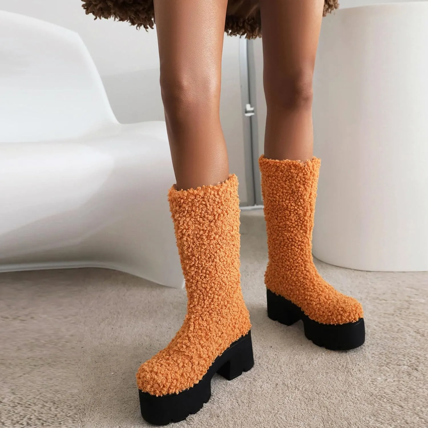 KISSASA Mid Calf Fluffy Furry Boots Warm Platform Chunky High Heel Pull On Boots Fashion Winter Boots