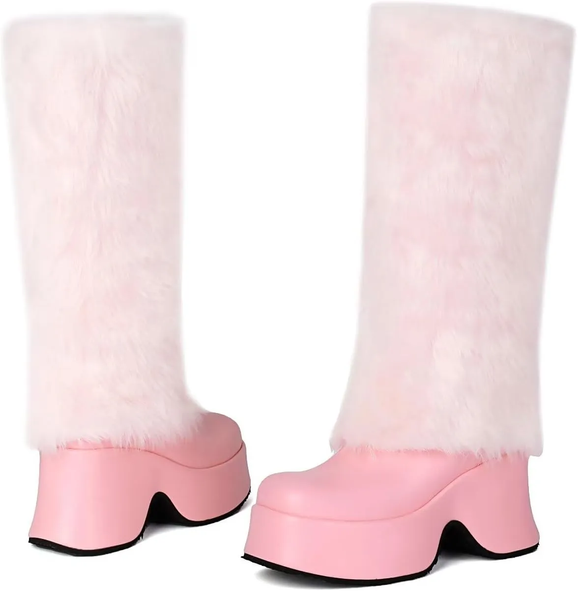 KISSASA Mid Calf Fluffy Furry Boots Warm Platform Chunky High Heel Pull On Boots Fashion Winter Boots