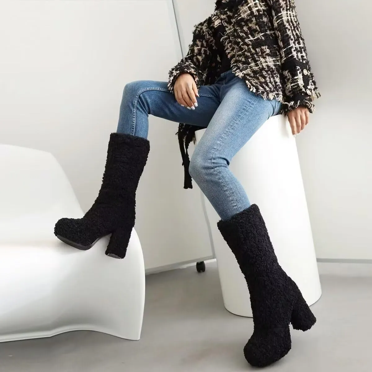 KISSASA Mid Calf Fluffy Furry Boots Warm Platform Chunky High Heel Pull On Boots Fashion Winter Boots
