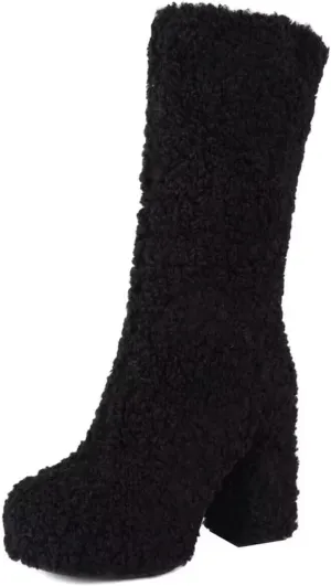KISSASA Mid Calf Fluffy Furry Boots Warm Platform Chunky High Heel Pull On Boots Fashion Winter Boots