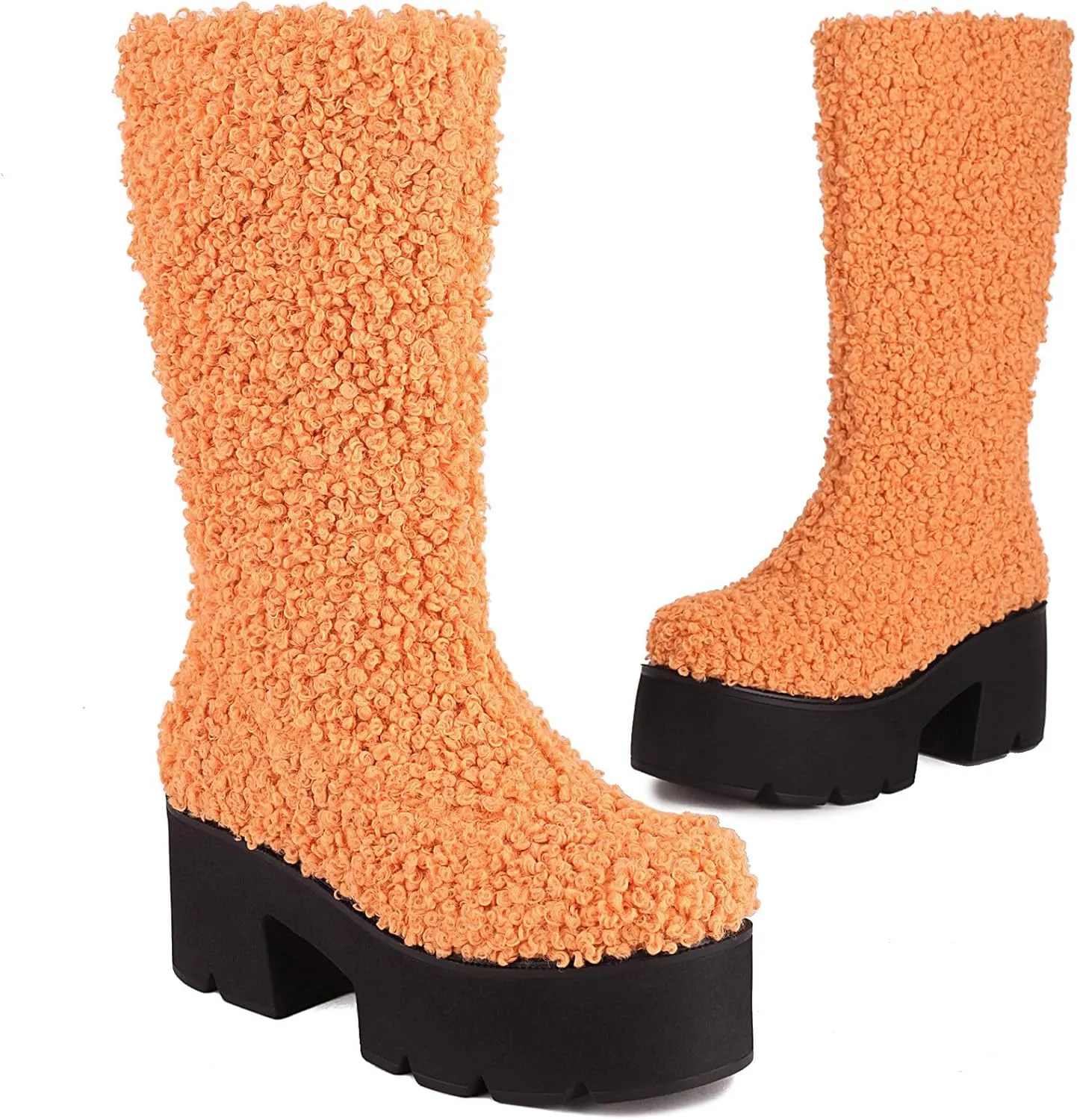 KISSASA Mid Calf Fluffy Furry Boots Warm Platform Chunky High Heel Pull On Boots Fashion Winter Boots
