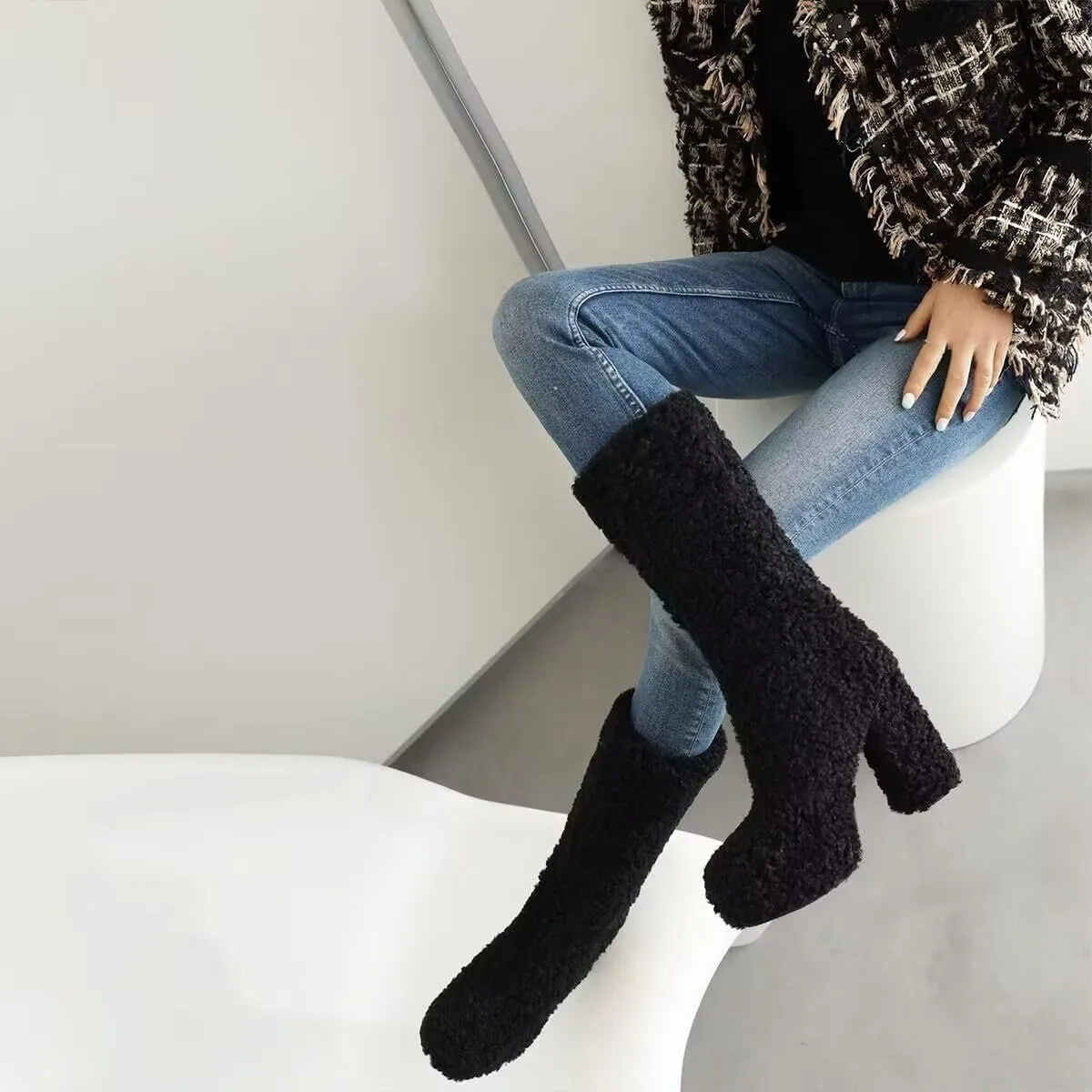 KISSASA Mid Calf Fluffy Furry Boots Warm Platform Chunky High Heel Pull On Boots Fashion Winter Boots
