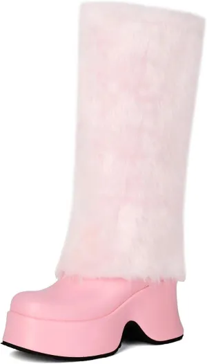 KISSASA Mid Calf Fluffy Furry Boots Warm Platform Chunky High Heel Pull On Boots Fashion Winter Boots