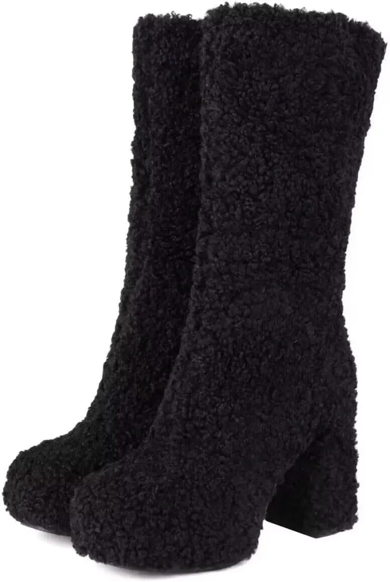 KISSASA Mid Calf Fluffy Furry Boots Warm Platform Chunky High Heel Pull On Boots Fashion Winter Boots