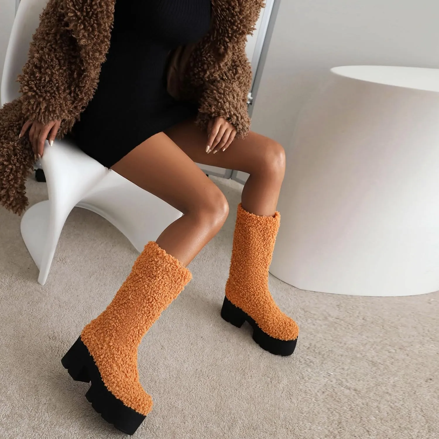 KISSASA Mid Calf Fluffy Furry Boots Warm Platform Chunky High Heel Pull On Boots Fashion Winter Boots