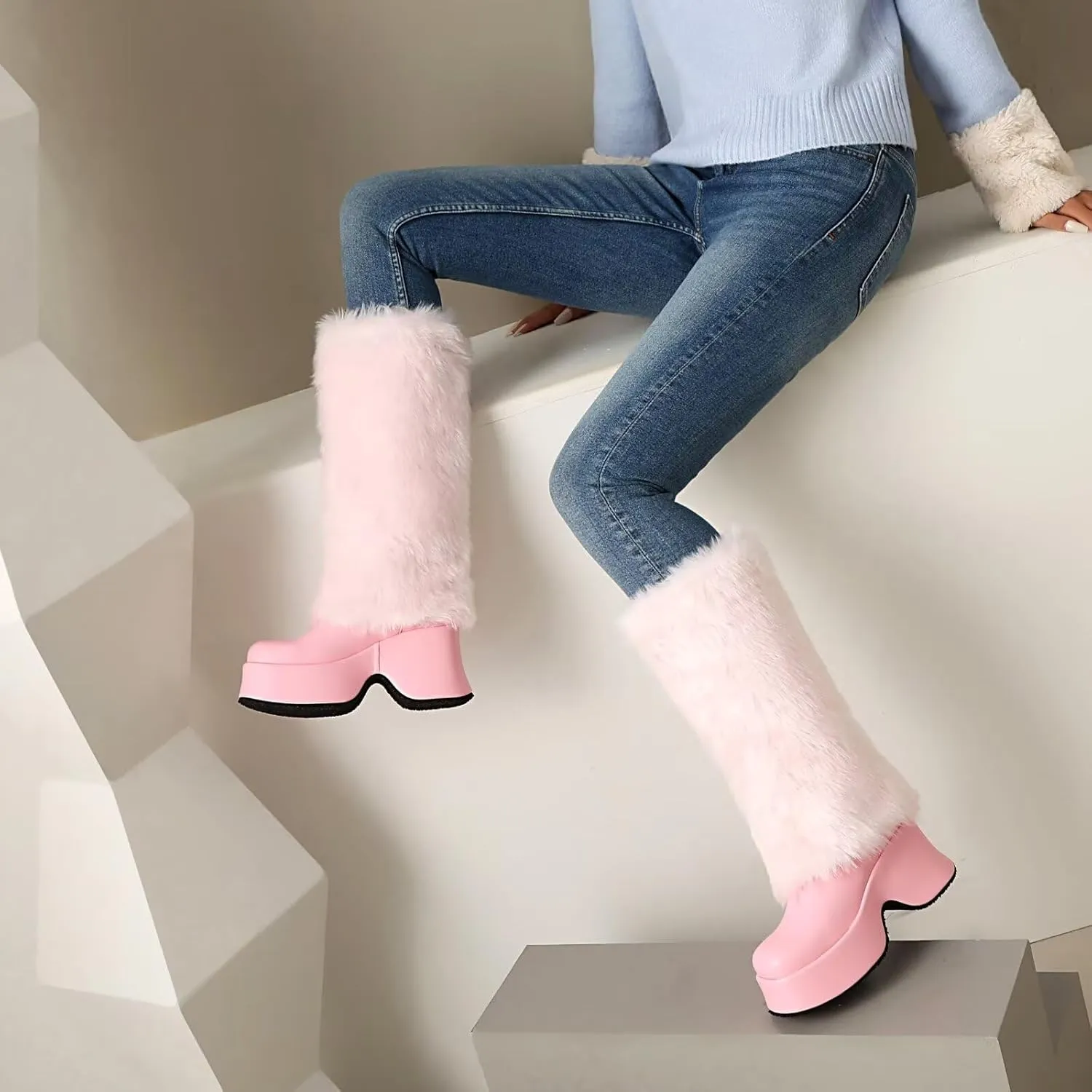 KISSASA Mid Calf Fluffy Furry Boots Warm Platform Chunky High Heel Pull On Boots Fashion Winter Boots