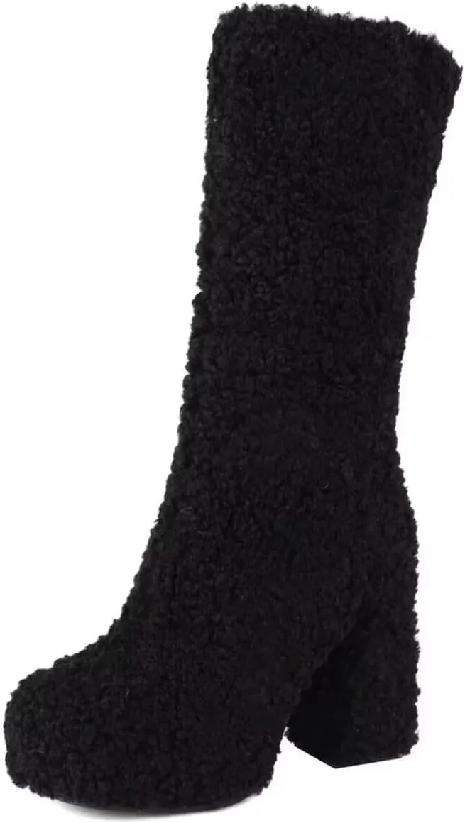 KISSASA Mid Calf Fluffy Furry Boots Warm Platform Chunky High Heel Pull On Boots Fashion Winter Boots