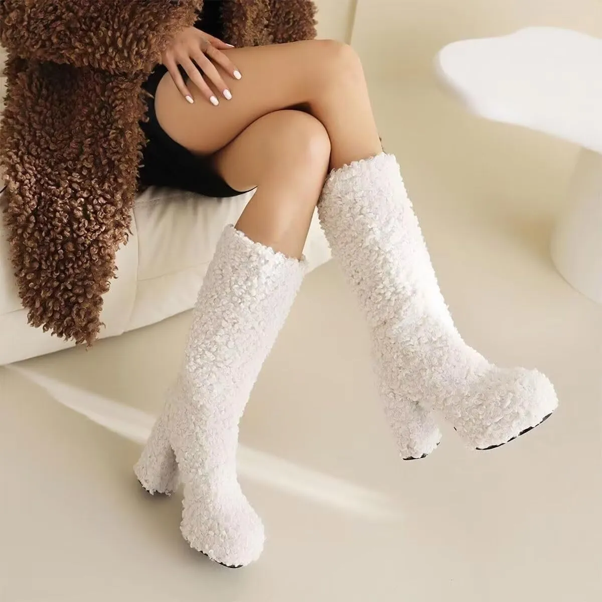 KISSASA Mid Calf Fluffy Furry Boots Warm Platform Chunky High Heel Pull On Boots Fashion Winter Boots