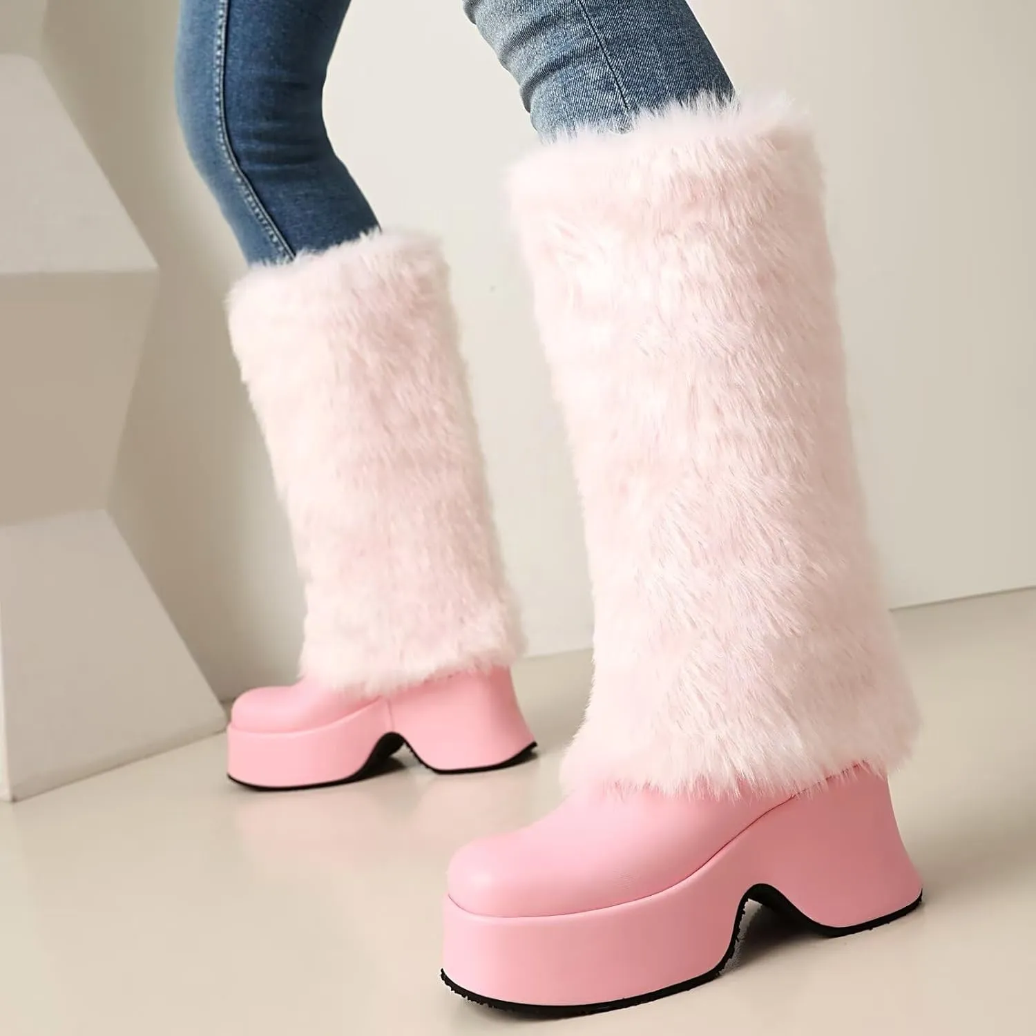 KISSASA Mid Calf Fluffy Furry Boots Warm Platform Chunky High Heel Pull On Boots Fashion Winter Boots