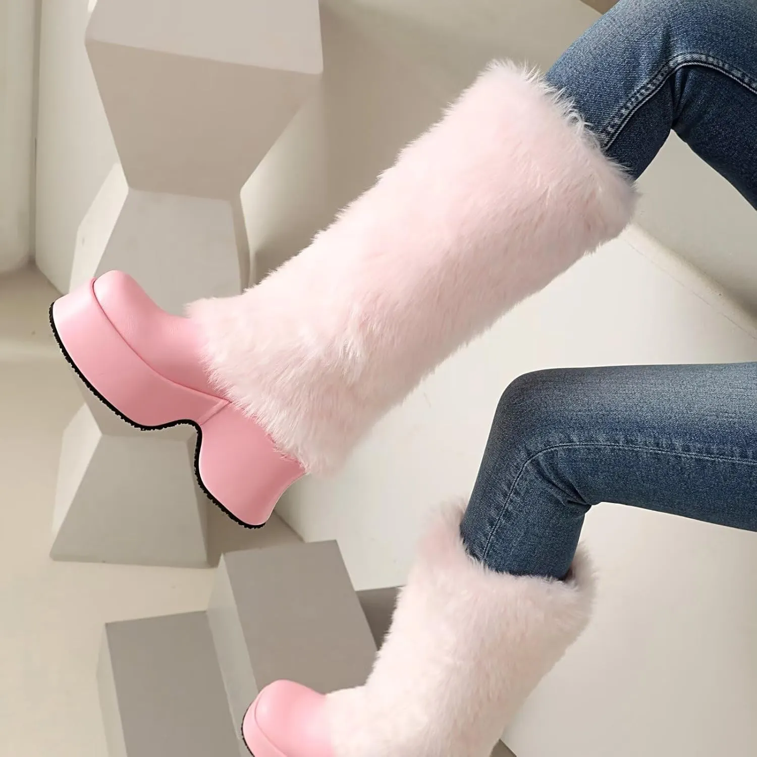 KISSASA Mid Calf Fluffy Furry Boots Warm Platform Chunky High Heel Pull On Boots Fashion Winter Boots