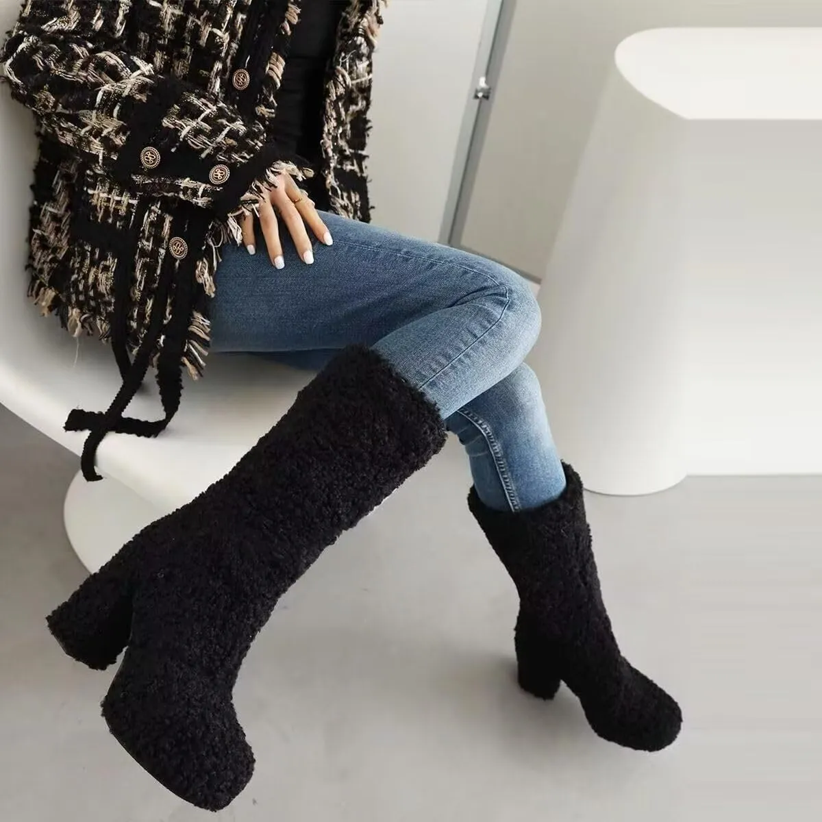 KISSASA Mid Calf Fluffy Furry Boots Warm Platform Chunky High Heel Pull On Boots Fashion Winter Boots