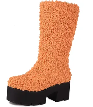 KISSASA Mid Calf Fluffy Furry Boots Warm Platform Chunky High Heel Pull On Boots Fashion Winter Boots