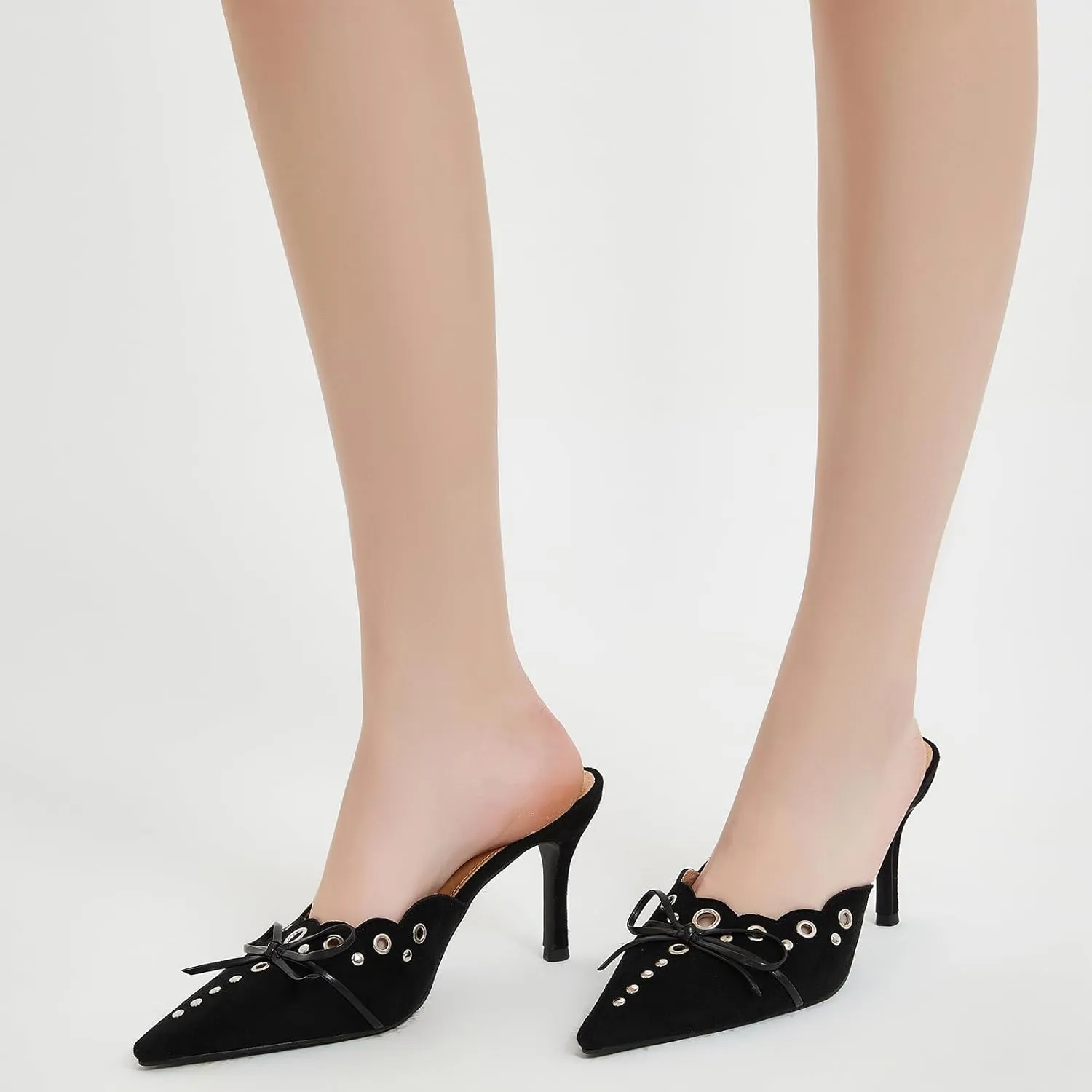 Kitten Heels for Women Pointed Toe Bow Mules Silp On Studded Heel Sandals