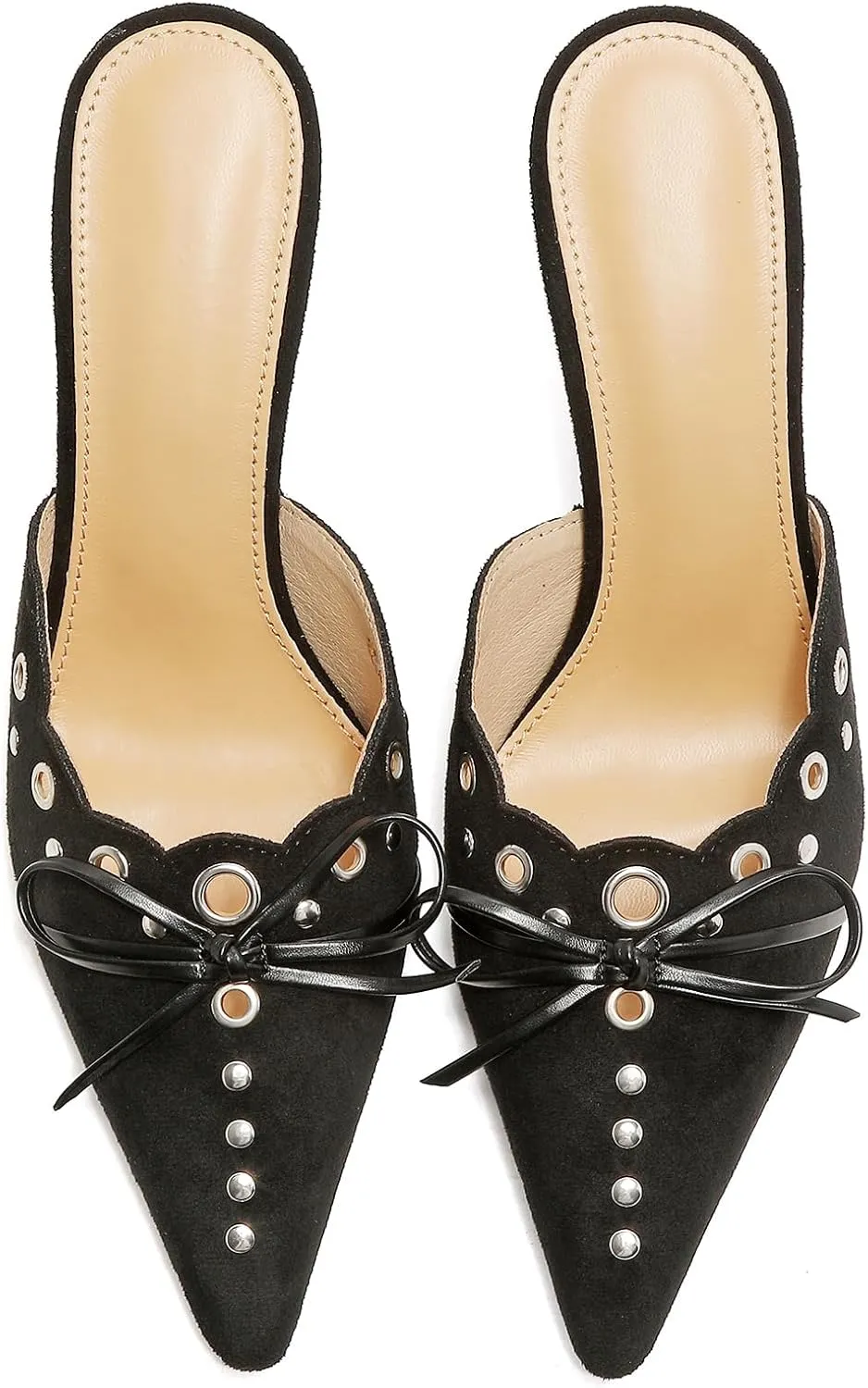 Kitten Heels for Women Pointed Toe Bow Mules Silp On Studded Heel Sandals