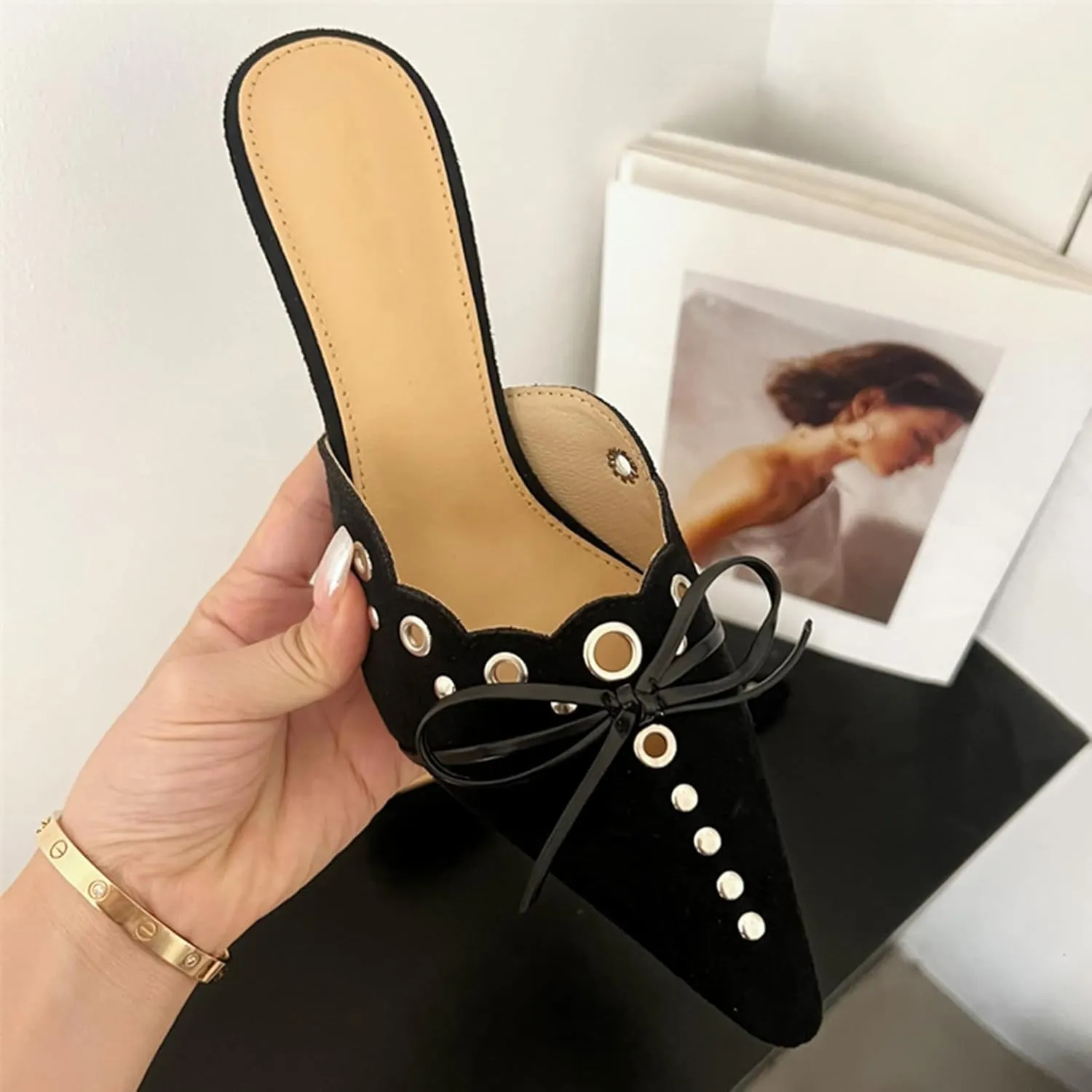 Kitten Heels for Women Pointed Toe Bow Mules Silp On Studded Heel Sandals