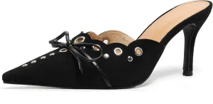 Kitten Heels for Women Pointed Toe Bow Mules Silp On Studded Heel Sandals