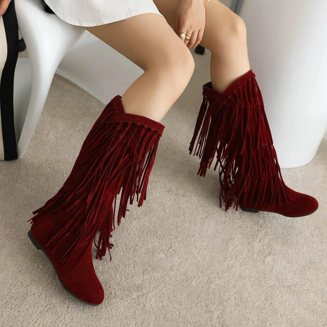 KiutSymo Women's Flat Mid Calf Fringe Boots Wide Calf Tassel Boots Round Toe Slip On Warm Winter Boots
