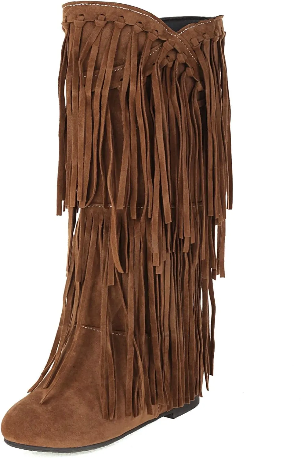 KiutSymo Women's Flat Mid Calf Fringe Boots Wide Calf Tassel Boots Round Toe Slip On Warm Winter Boots