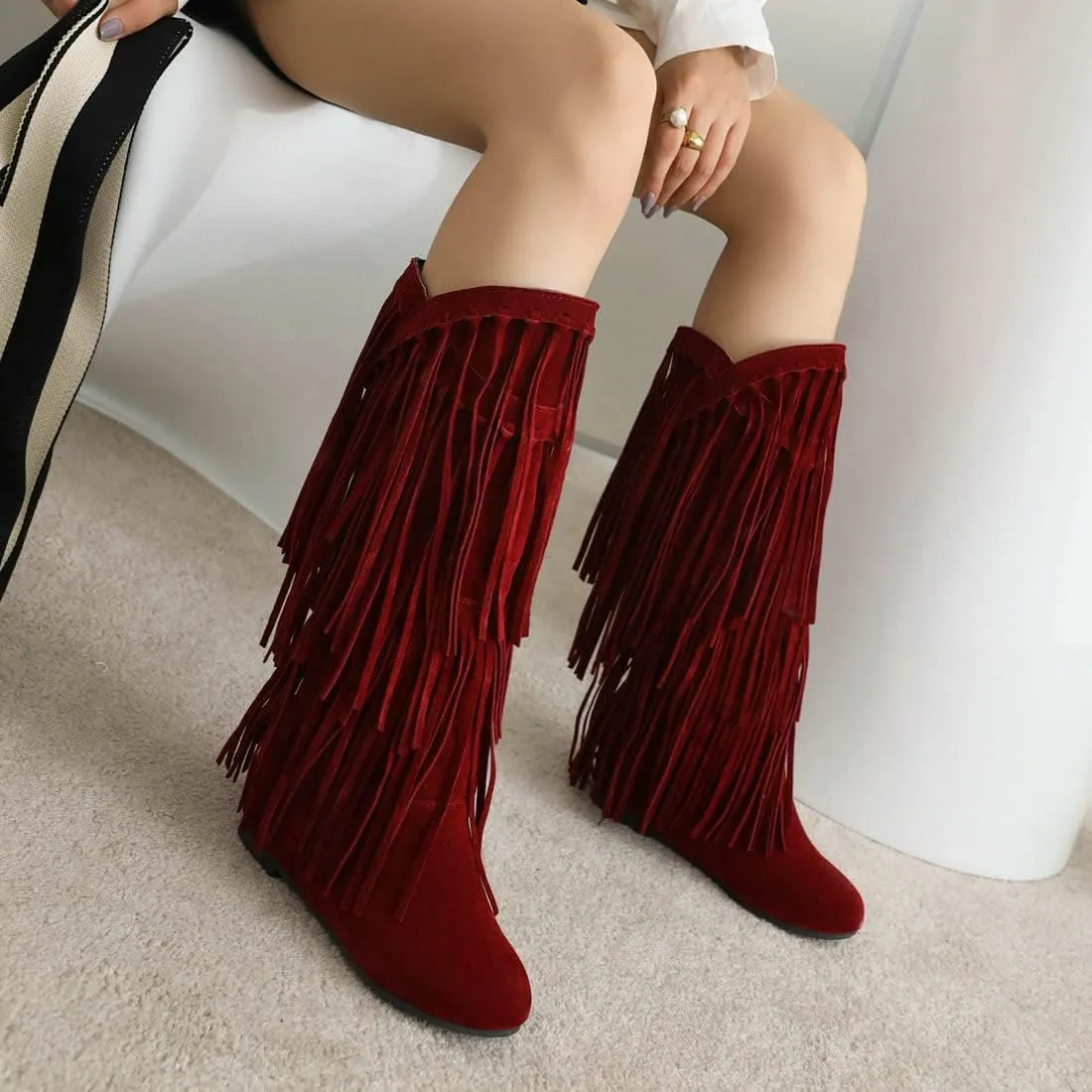 KiutSymo Women's Flat Mid Calf Fringe Boots Wide Calf Tassel Boots Round Toe Slip On Warm Winter Boots