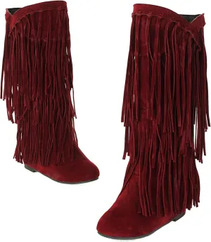 KiutSymo Women's Flat Mid Calf Fringe Boots Wide Calf Tassel Boots Round Toe Slip On Warm Winter Boots