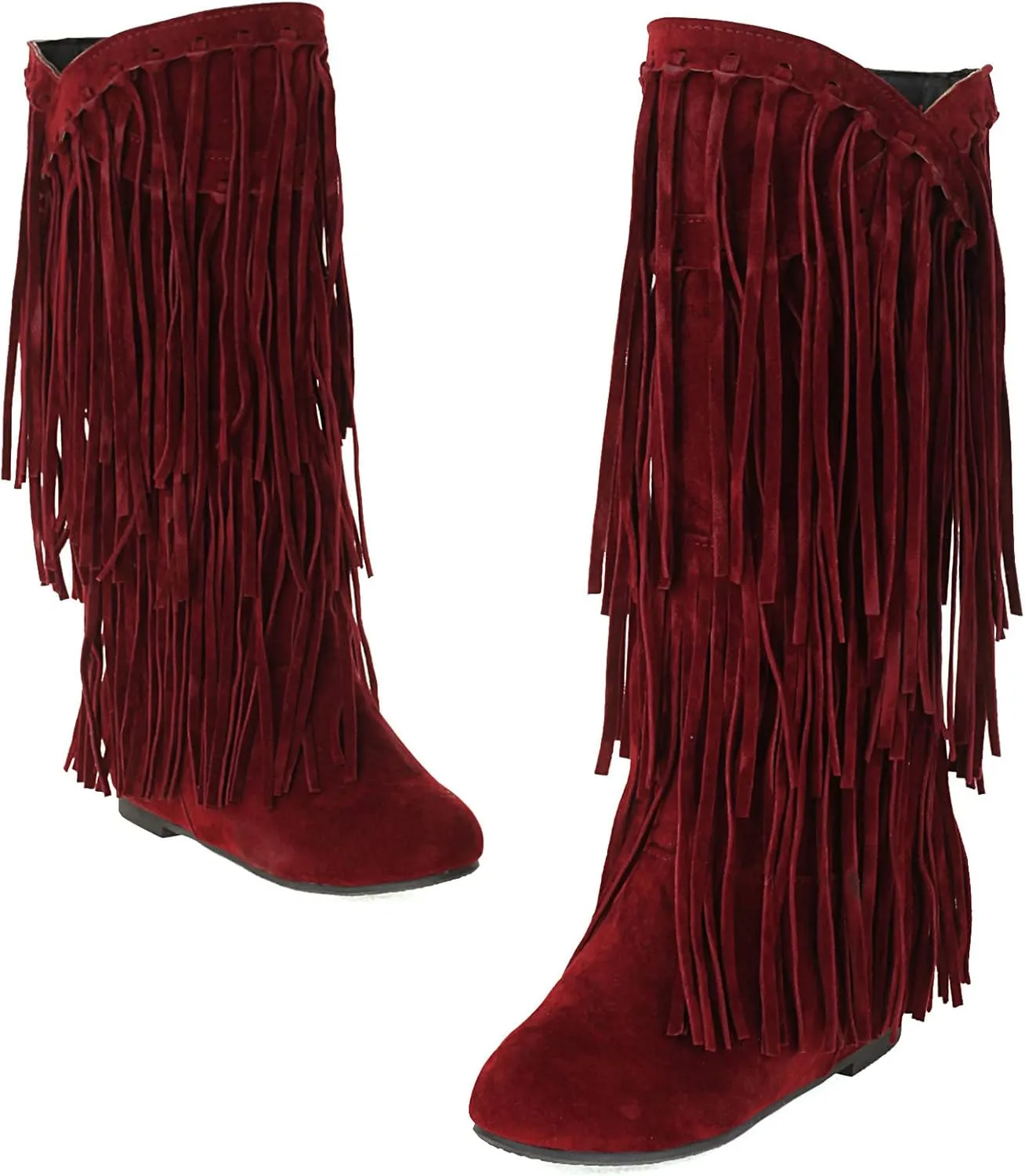 KiutSymo Women's Flat Mid Calf Fringe Boots Wide Calf Tassel Boots Round Toe Slip On Warm Winter Boots