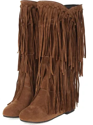 KiutSymo Women's Flat Mid Calf Fringe Boots Wide Calf Tassel Boots Round Toe Slip On Warm Winter Boots