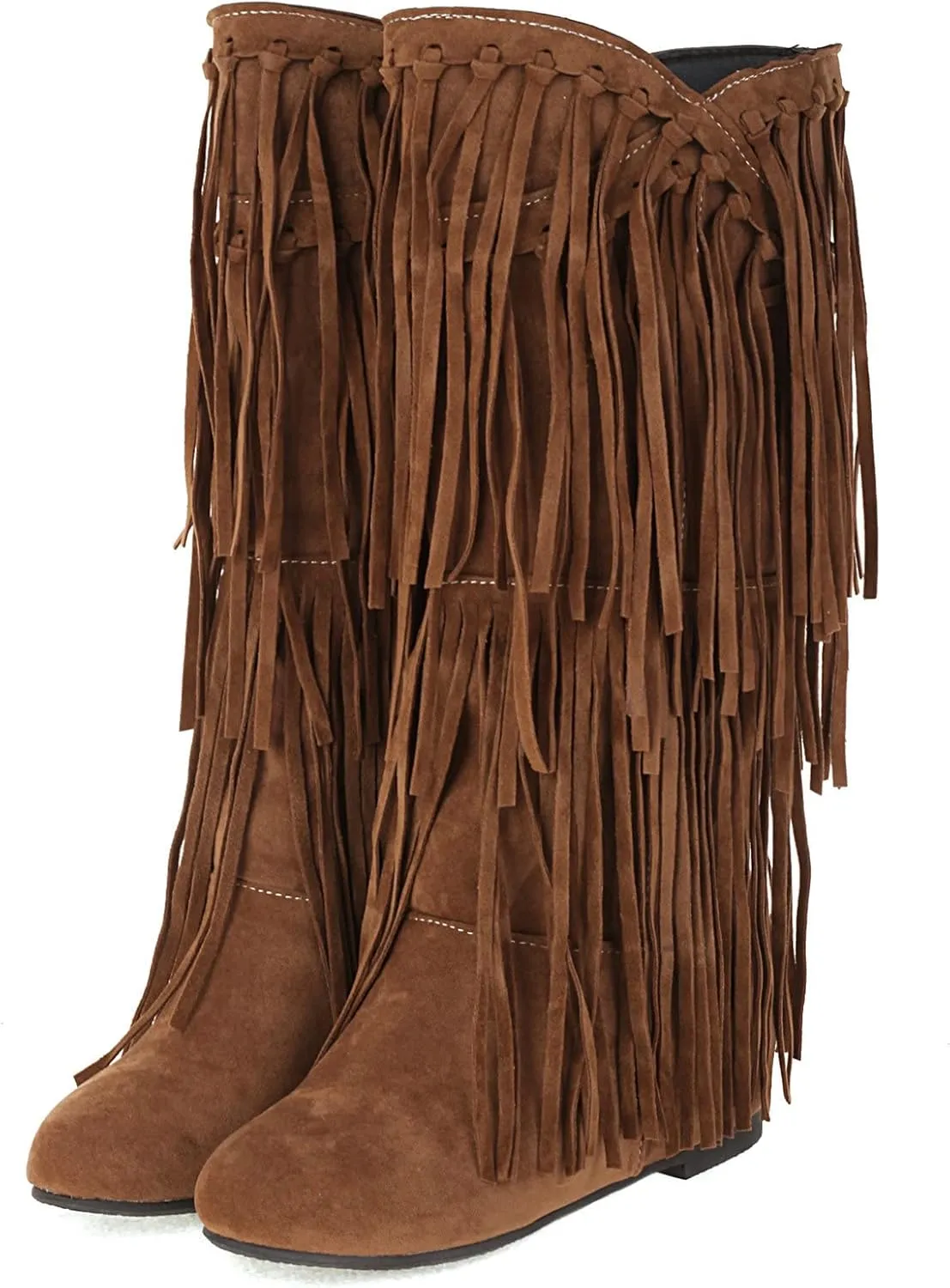 KiutSymo Women's Flat Mid Calf Fringe Boots Wide Calf Tassel Boots Round Toe Slip On Warm Winter Boots