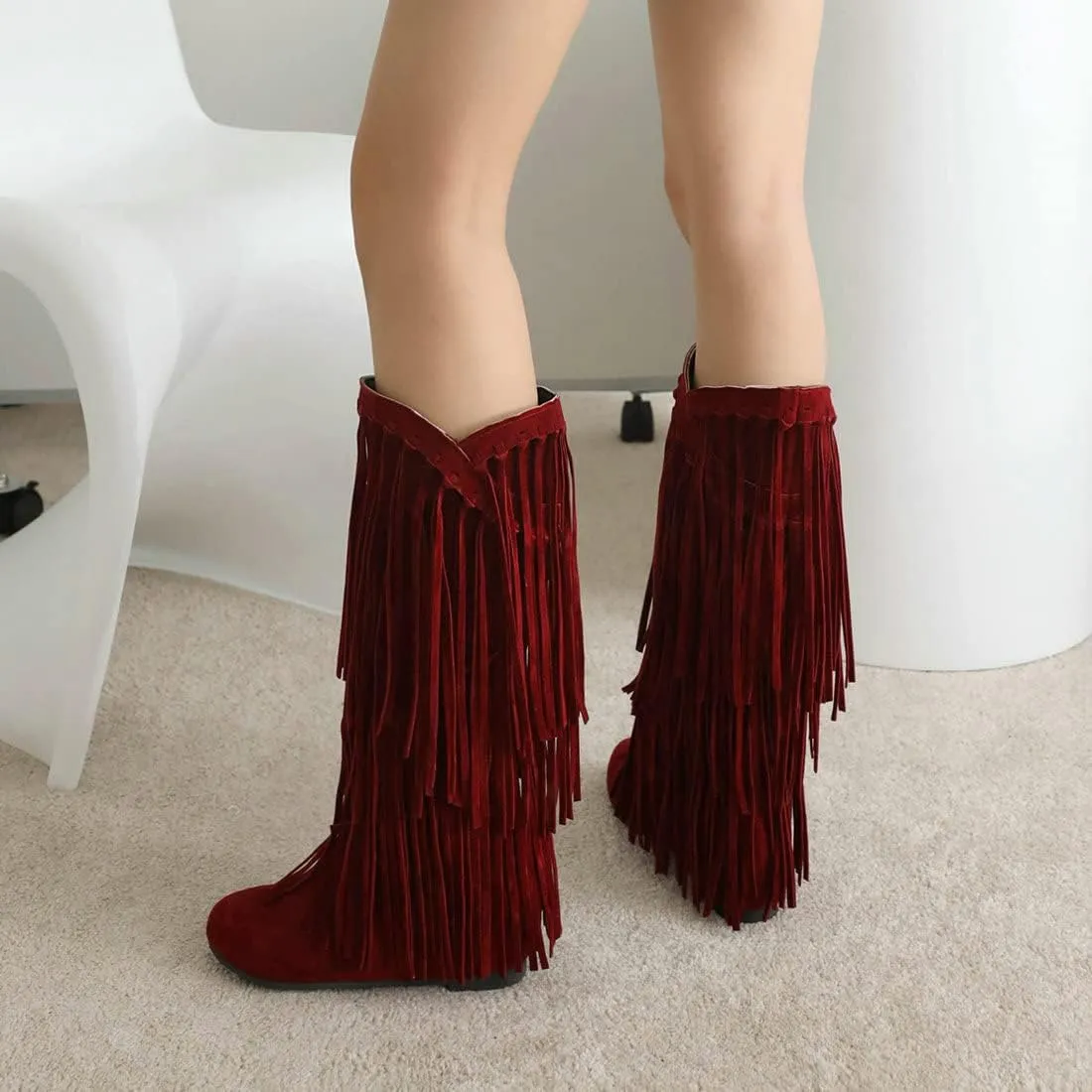 KiutSymo Women's Flat Mid Calf Fringe Boots Wide Calf Tassel Boots Round Toe Slip On Warm Winter Boots