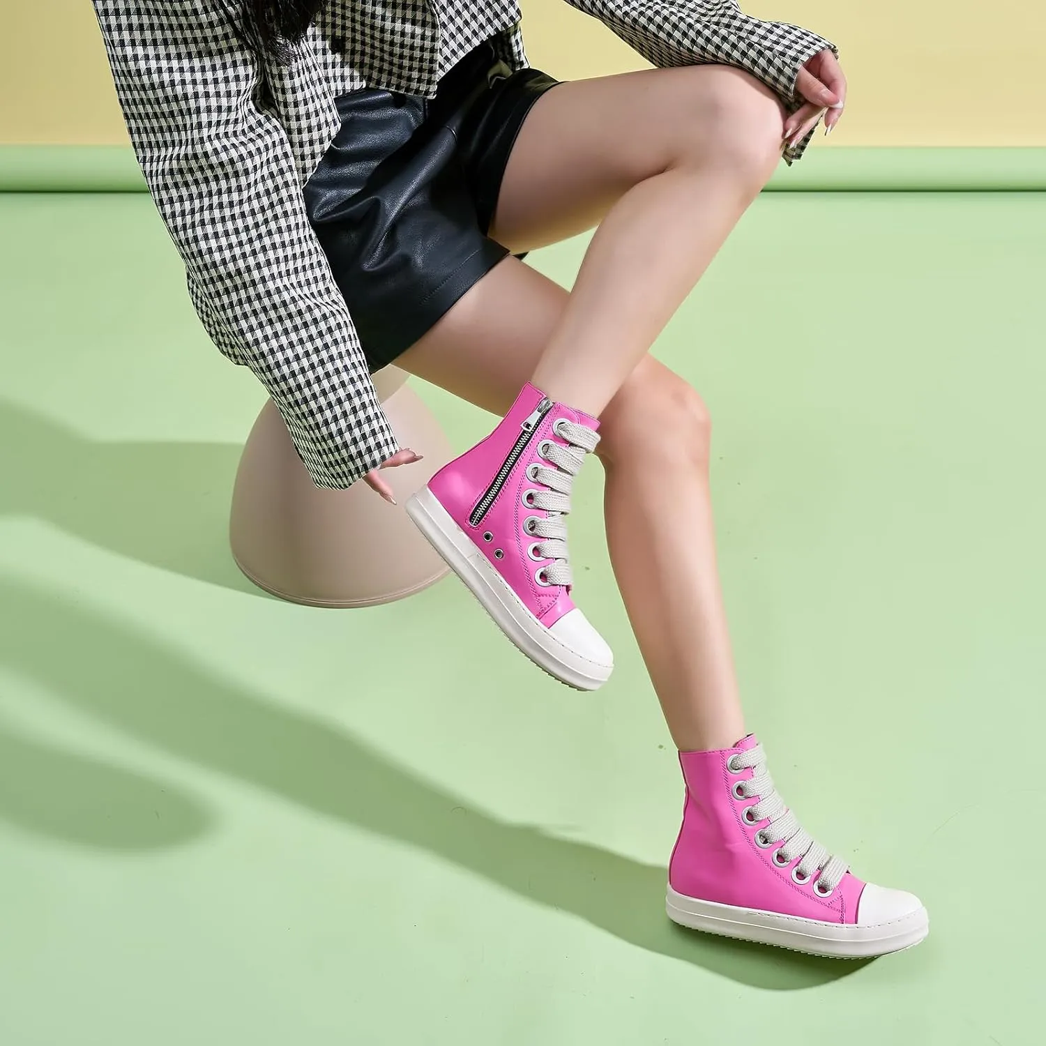 Kluolandi Women's High Top Sneakers Lace Up Canvas Shoes with Zipper Comfort Platform Walking Shoes in Black and White
